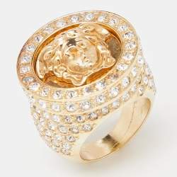 Pre Owned Versace Medusa Crystal Gold Tone Ring Size 58