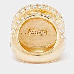 Pre Owned Versace Medusa Crystal Gold Tone Ring Size 58