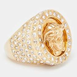 Pre Owned Versace Medusa Crystal Gold Tone Ring Size 58