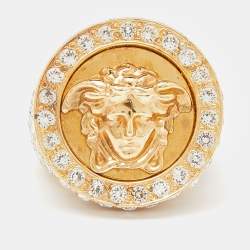 Pre Owned Versace Medusa Crystal Gold Tone Ring Size 58