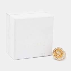 Pre Owned Versace Medusa Crystal Gold Tone Ring Size 58