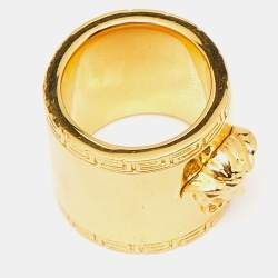 Versace Medusa Greek Key Gold Tone Metal Wide Band Ring Size 54