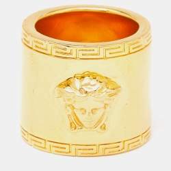 Versace Medusa Greek Key Gold Tone Metal Wide Band Ring Size 54