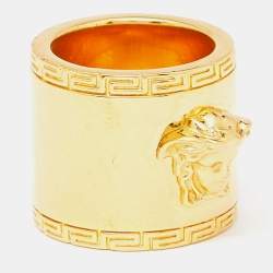 Versace Medusa Greek Key Gold Tone Metal Wide Band Ring Size 54
