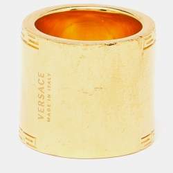 Versace Medusa Greek Key Gold Tone Metal Wide Band Ring Size 54
