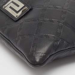 Versace Black Logo Embossed Leather Zip Messenger Bag