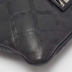 Versace Black Logo Embossed Leather Zip Messenger Bag