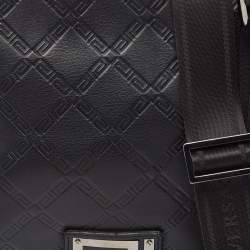 Versace Black Logo Embossed Leather Zip Messenger Bag