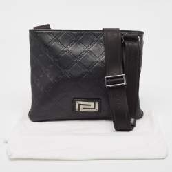 Versace Black Logo Embossed Leather Zip Messenger Bag