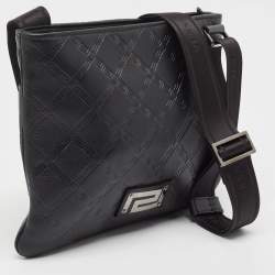 Versace Black Logo Embossed Leather Zip Messenger Bag