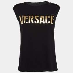 Pre Owned Versace Black Logo Print Cotton Jersey Tank Top S
