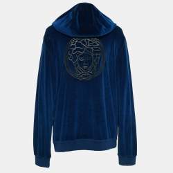Pre Owned Versace Blue Velvet Medusa Applique Zip Up Hoodie XL