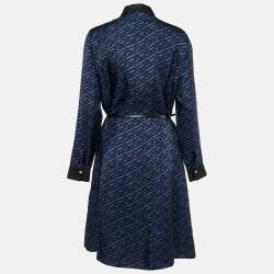 Pre Owned Versace Blue/Black Geometric Print Silk Belted Shirt Dress M