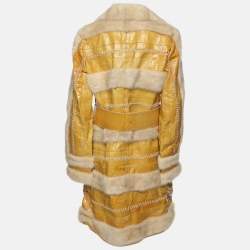 Pre Owned Versace Yellow/Beige Leather and Mink Fur Long Coat L