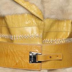 Pre Owned Versace Yellow/Beige Leather and Mink Fur Long Coat L
