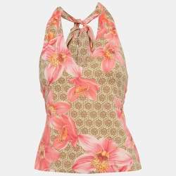 Versace Pink Floral Print Silk Drape Style Halter Neck Top S