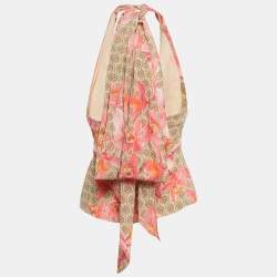 Versace Pink Floral Print Silk Drape Style Halter Neck Top S