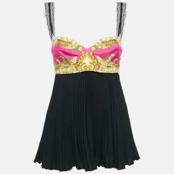 Pre Owned Versace Black Medusa Renaissance Print Silk Lace Top S