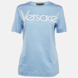 مملوكة مسبقًا Versace Blue Logo Embroidered Jersey T-Shirt S