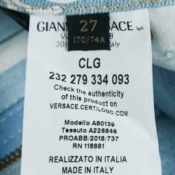 Pre Owned Versace Light Blue Logo All Over Print Denim Skinny Jeans S Waist 27"