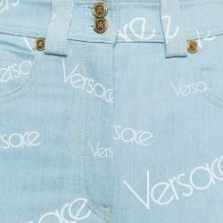 Pre Owned Versace Light Blue Logo All Over Print Denim Skinny Jeans S Waist 27"