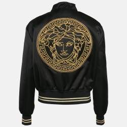 Pre Owned Versace Black Medusa Embroidered Satin Bomber Jacket M