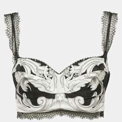Pre Owned Versace Black/White Baroque Print Silk Bralette Top M