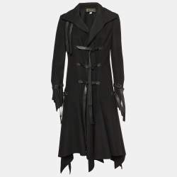 Versace Black Wool Leather Strap Detail Flared Coat M