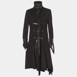 Versace Black Wool Leather Strap Detail Flared Coat M