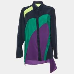 Versace Navy Blue Color Block Silk Asymmetric Shirt L