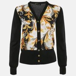 Versace Black/Yellow Barocco Print Crepe and Cotton Cardigan S