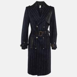 Versace Navy Blue Stripe Wool Belted Double Breasted Trench Coat M