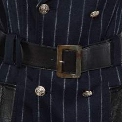 Versace Navy Blue Stripe Wool Belted Double Breasted Trench Coat M