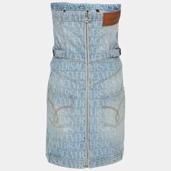 Versace Blue Logo Print Denim Strapless Mini Dress M