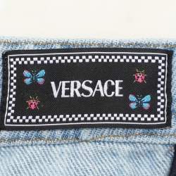 Versace Blue Logo Print Denim Strapless Mini Dress M