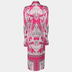 Versace Pink/Silver Satin Baroque Cutout Midi Shirt Dress S
