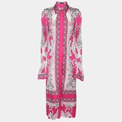Versace Pink/Silver Satin Baroque Cutout Midi Shirt Dress S