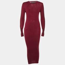 Versace Burgundy Wool Knit Button Detail Maxi Dress M