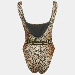 Versace Brown Leopard Print Jersey Greca Trim Swimsuit S