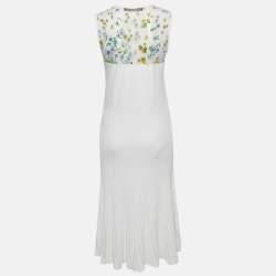 Pre Owned Versace White Floral Print Mesh and Knit Flared Midi Dress L
