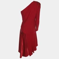 Pre Owned Versace Red Silk Embellished One Off Shoulder Dress M