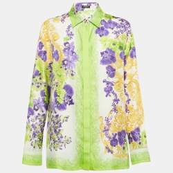 Pre Owned Versace Green Medusa Orchid Print Silk Shirt M