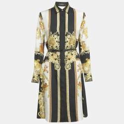 Pre Owned Versace Black/Yellow Barocco Print Silk Belted Shirt Dress S