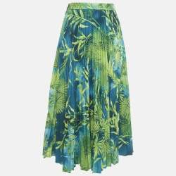 Pre Owned Versace Green Jungle Print Plisse Midi Skirt S