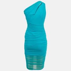 مملوكة مسبقًا فستان فيرساتشي تول أزرق مكشكش بكتف واحد ميدي مقاس صغير (S)