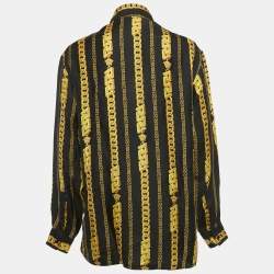 مملوكة مسبقًا قميص فيرساتشي حرير بأكمام طويلة مطبوع باللونين الأسود والأصفر مقاس كبير (لارج)