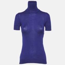 Pre Owned Versace Blue Cashmere Knit Turtle Neck Top S