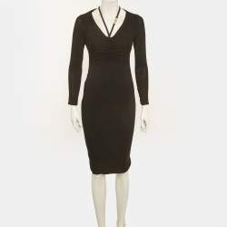 Pre Owned Versace Black Crepe Medusa Detail Ruche Midi Dress S