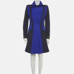 Pre Owned معطف فيرساتشي لباد وجلد أزرق مقاس متوسط (ميديم)