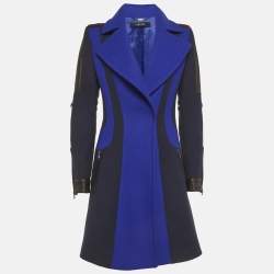 Pre Owned معطف فيرساتشي لباد وجلد أزرق مقاس متوسط (ميديم)